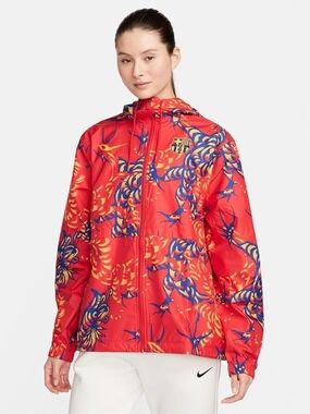 Nike FC Barcelona University Red Printed Windbreaker Hood Zipper Jacket Sz L NWT